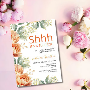 Chic Orange Peony Gold Leaf Überraschung Geburtsta Einladung
