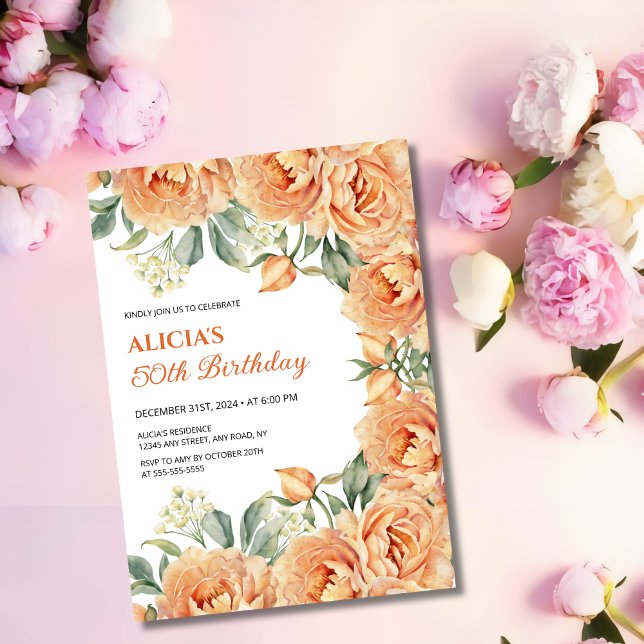 Chic Orange Peony Rustikale Blumengrün Geburtstag Einladung (Von Creator hochgeladen)