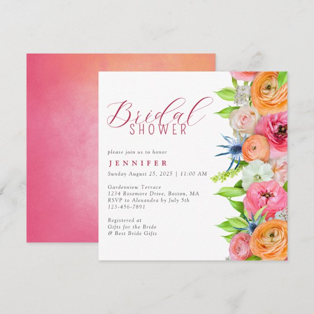Chic Orange Pink Brautparty an der blauen Grenze Einladung (Vorne/Hinten)