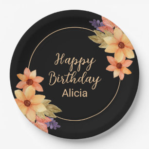 Chic Orange Red Fall Flora Black Birthday Pappteller