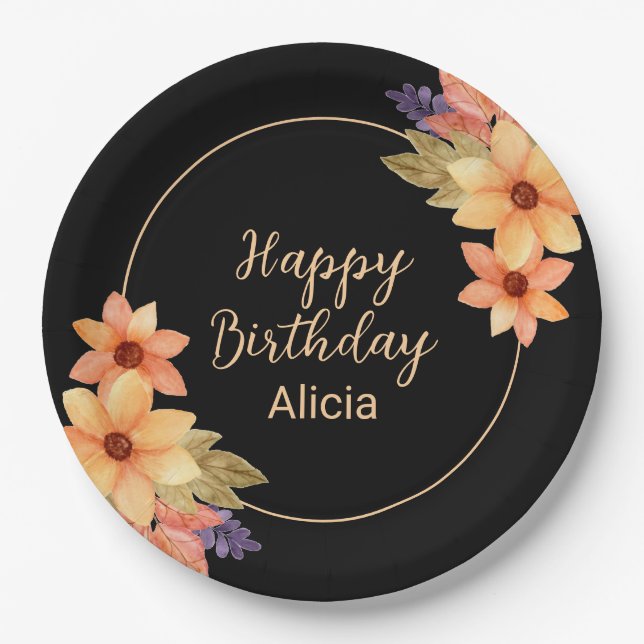 Chic Orange Red Fall Flora Black Birthday Pappteller (Vorderseite)