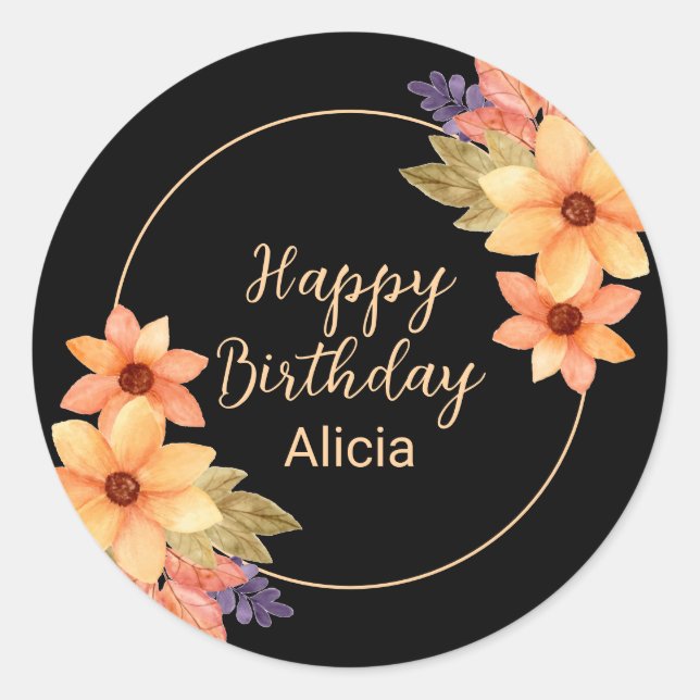 Chic Orange Red Fall Flora Black Birthday Runder Aufkleber (Vorderseite)