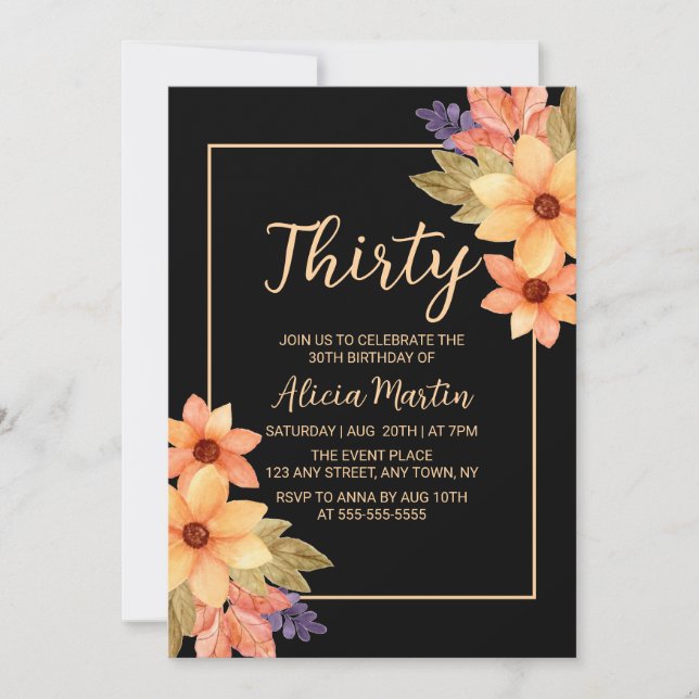 Chic Orange Red Fall Flora Jedes Alter Schwarz Geb Einladung (Vorderseite)