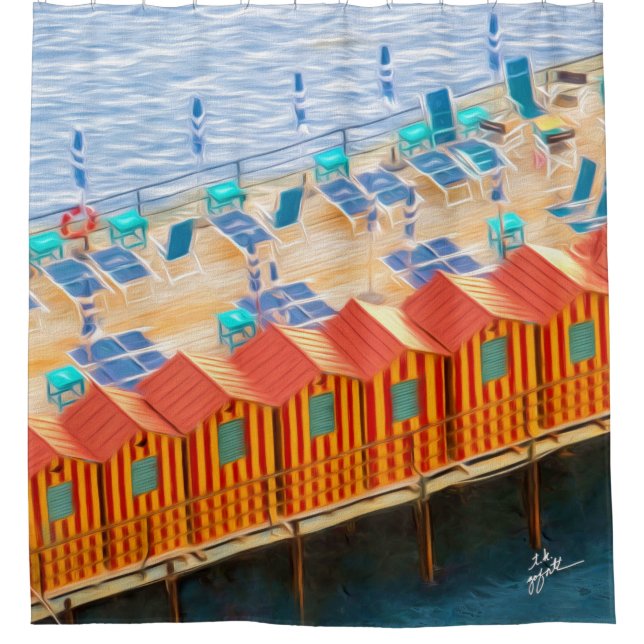 Chic Orange und Blue Cabanas Beach Style Duschvorhang (Vorderseite)