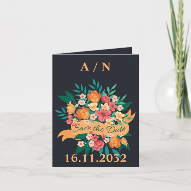 Chic Orange Yellow Florals Wedding Save the Date Ankündigung (Vorderseite)