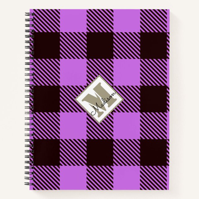 Chic Orchid Black Kariert Tartan Personalisierter  Notizbuch (Vorderseite)