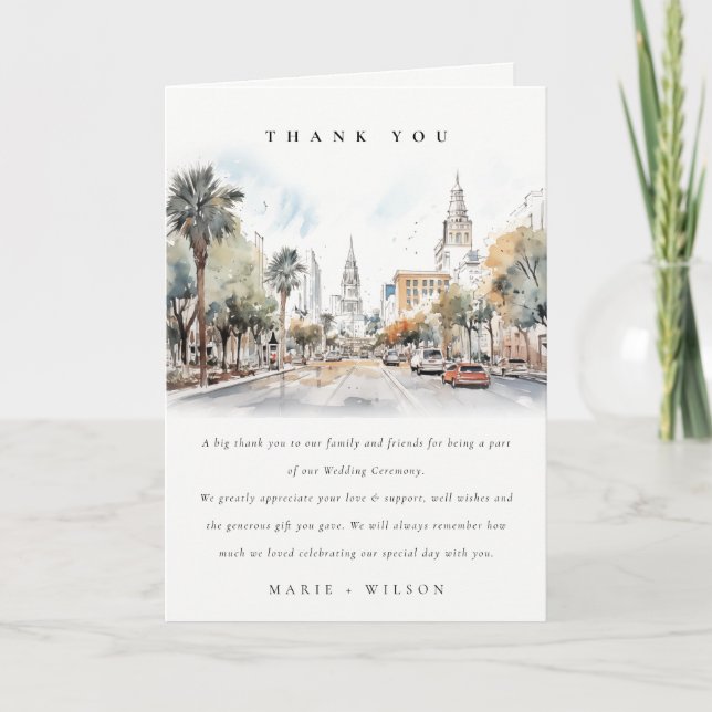 Chic Orlando Florida Skyline Hochzeit der Wasserfa Dankeskarte (Vorderseite)
