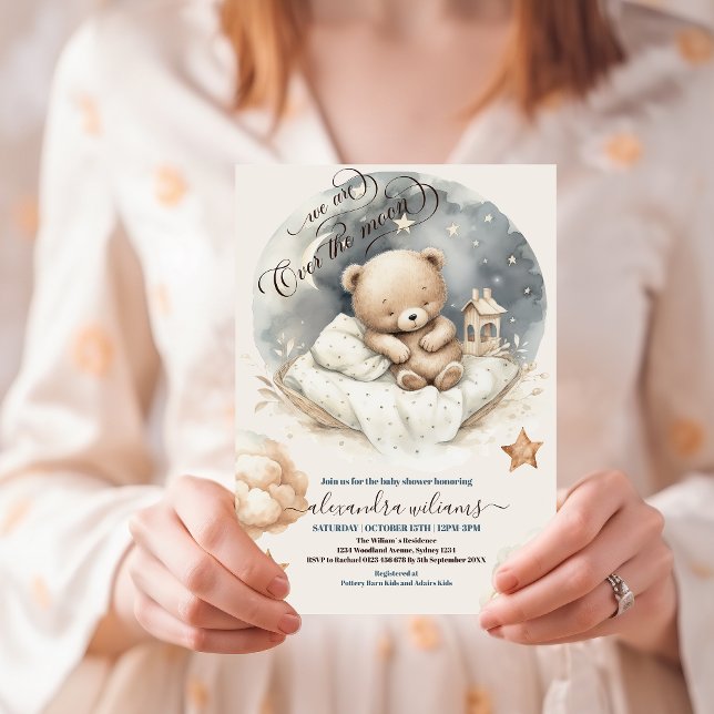 Chic Over the Moon Teddy Bear Baby Shower Einladung (Von Creator hochgeladen)