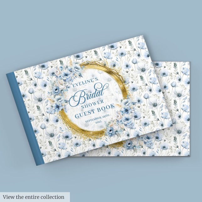 Chic Pale Blue Gold Wild Blume Brautparty Gästebuch (Chic Pale Blue Gold Wild Flowers Bridal Shower Guest Book)