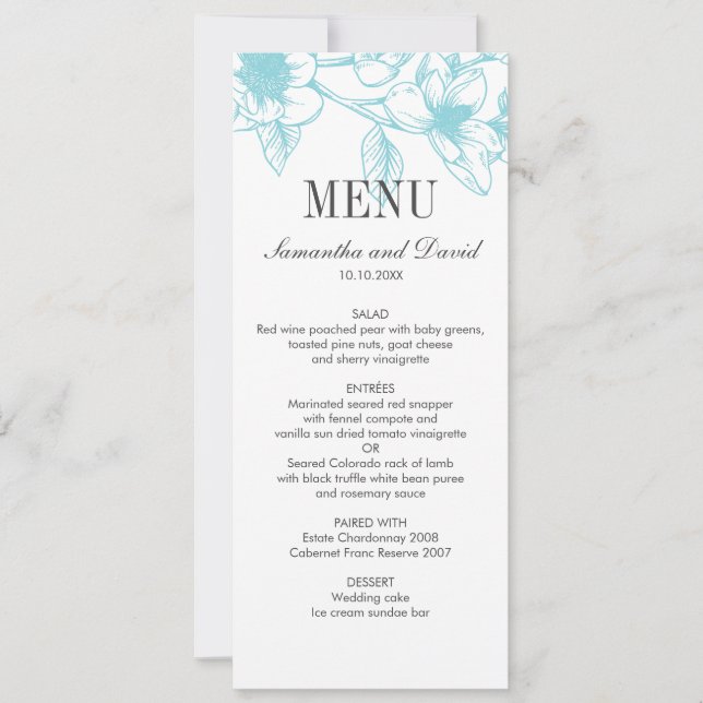 Chic Pale Blue Magnolia Blume Hochzeitsessen Einladung (Vorderseite)
