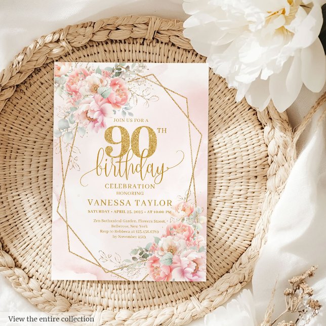 Chic Pale Pink Gold Glitzer Blume 90. Einladungen (Chic Pale Pink Gold Glitter Flowers 90th Invitation)