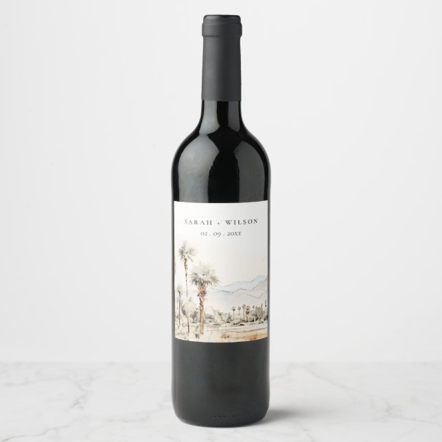 Chic Palm Springs California Landschaft Hochzeit Weinetikett (Vorderseite)
