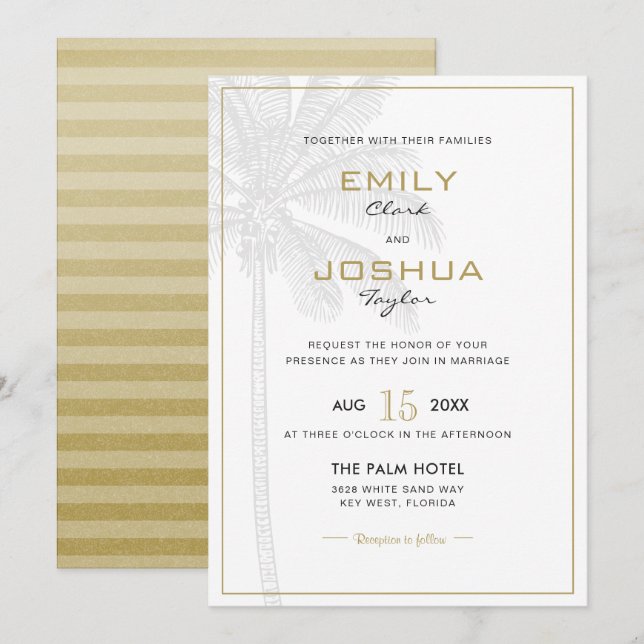 Chic Palm Tree & Gold Hochzeitskarte Einladung (Vorne/Hinten)
