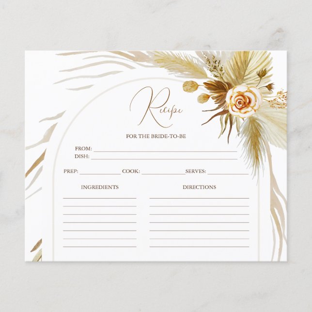 Chic Pampas Grass Boho Brautparty Rezept Karte (Vorderseite)