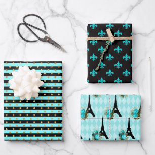 Chic Paris Aqua Blau, Schwarz und Gold Geschenkpapier Set