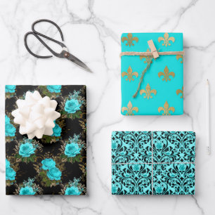 Chic Paris Aqua Blau, Schwarz und Gold Geschenkpapier Set