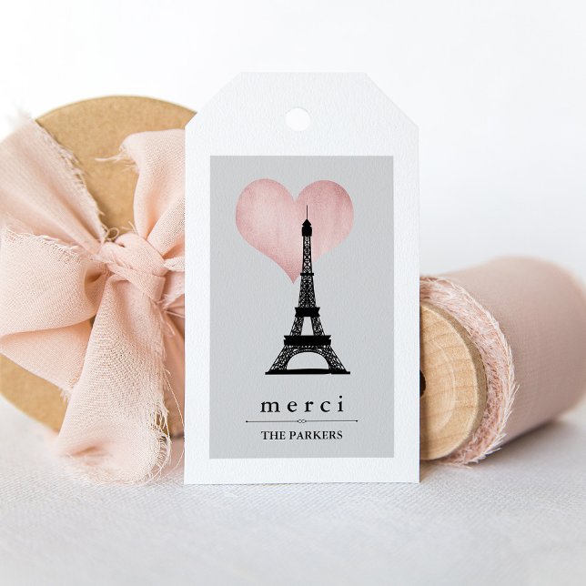 Chic Paris Eiffelturm mit Rose Gold Herzstück Merc Geschenkanhänger (A chic and stylish French thank you gift tag)