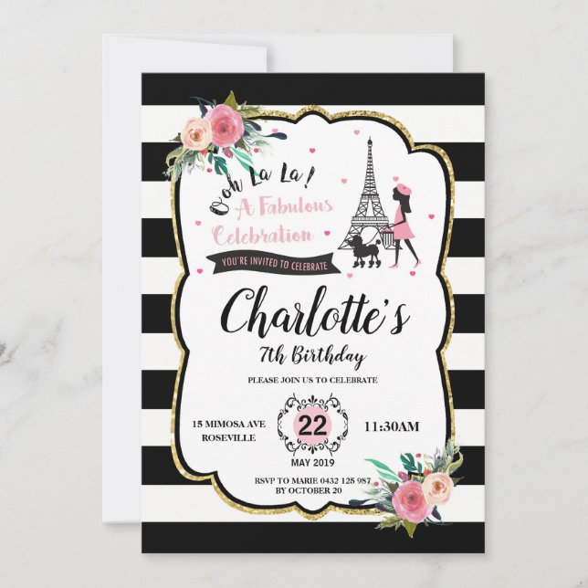 Chic Paris Girl and Poodle Birthday Party Einladung (Vorderseite)