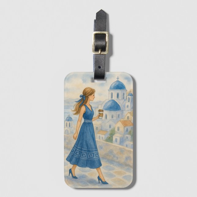 Chic Paris Girl in Santorini Griechenland Gepäckma Gepäckanhänger (Vorderseite Vertikal)