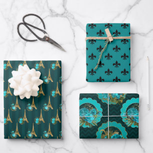 Chic Paris Türkis, Schwarz und Gold Geschenkpapier Set