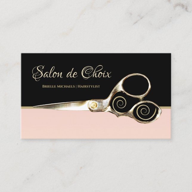 Chic Pariser Salon in hellrosa Schwarz und Schere Visitenkarte (Vorderseite)