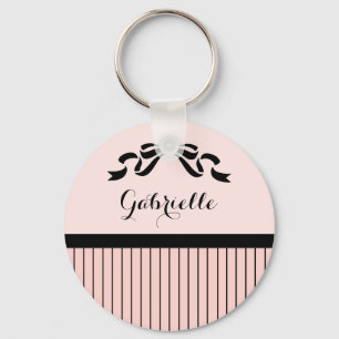 Chic Parisian Pink Pinstripes Black Bow und Name Schlüsselanhänger