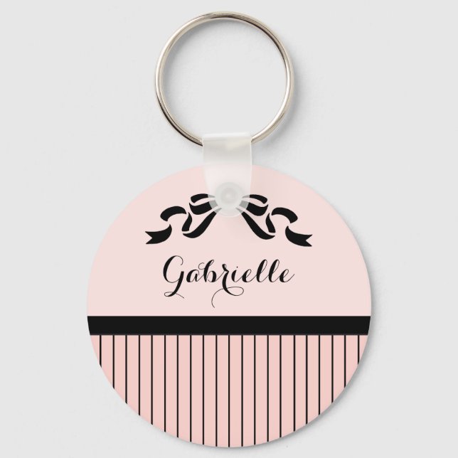 Chic Parisian Pink Pinstripes Black Bow und Name Schlüsselanhänger (Vorderseite)
