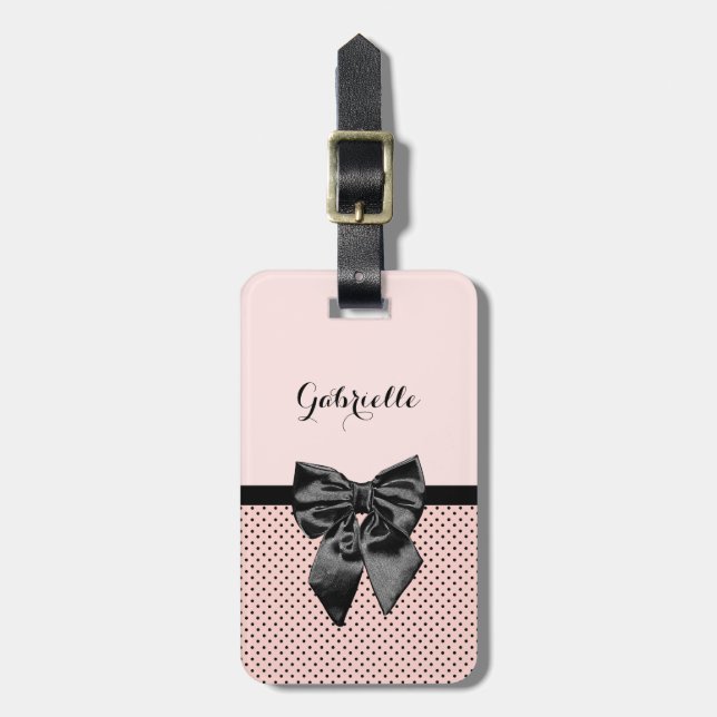 Chic Parisian Pink Polka Dots Black Bow und Name Gepäckanhänger (Vorderseite vertikal)