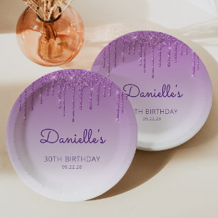 Chic Party zum 30. Geburtstag mit lila Glitter-Dri Pappteller