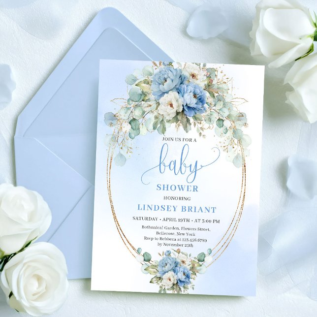 Chic Pastel Blue Peony Eucalyptus Gold Baby Shower Einladung (Chic Pastel Blue Peony Eucalyptus Baby Shower Invitation)