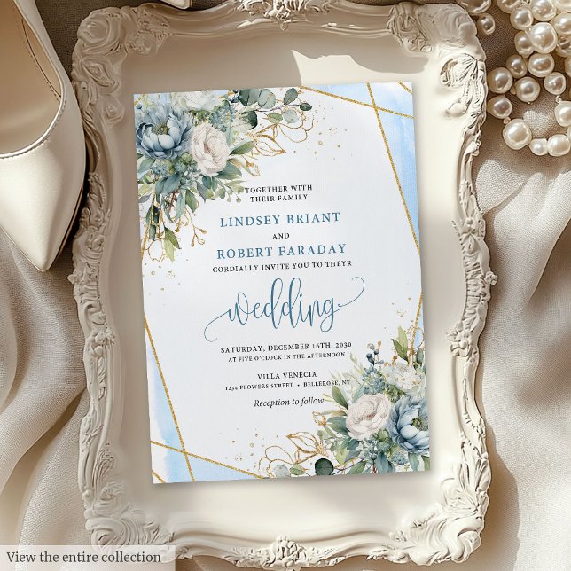 Chic Pastel Blue Sage Gold Floral Wedites Einladung (Chic Pastel Blue Sage Gold Floral Wedding Invitation)