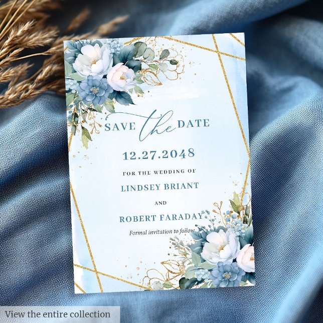 Chic Pastel Blue White Gold Floral Save the Date Einladung (Chic Pastel Blue White Gold Floral Save The Date)