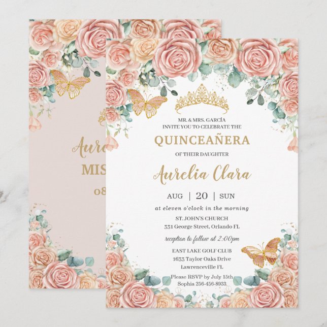 Chic Pastel Blush Peach Floral Rose Quinceanera Einladung (Vorne/Hinten)