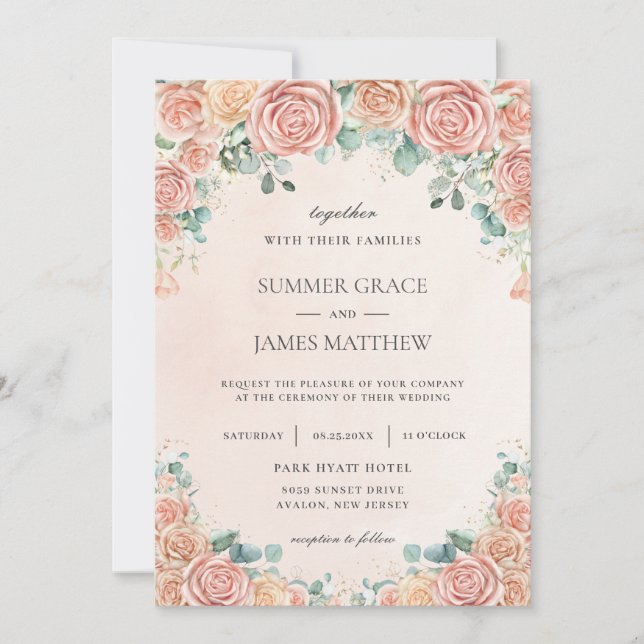 Chic Pastel Blush Peach Floral Rose Wedding Invi Einladung (Vorderseite)