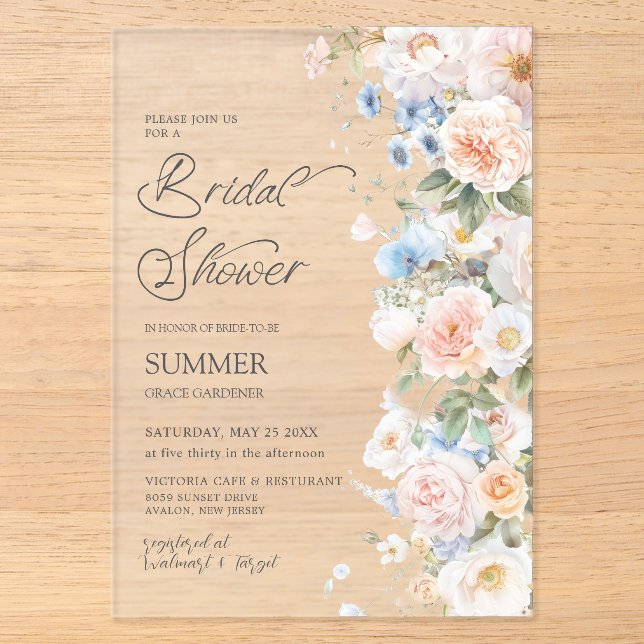 Chic Pastel Blush White Blue Floral Brautparty Acryleinladungen (Vorderseite)