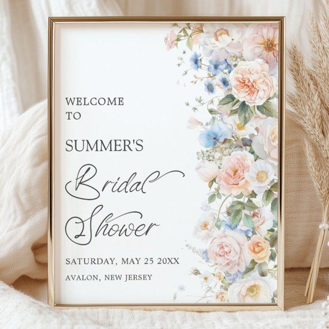 Chic Pastel Blush White Blue Floral Brautparty Poster (vintage-shabby-chic-floral-blush-white-ivory-blue-flowers-roses-garden-bridal-shower-welcome-sign)