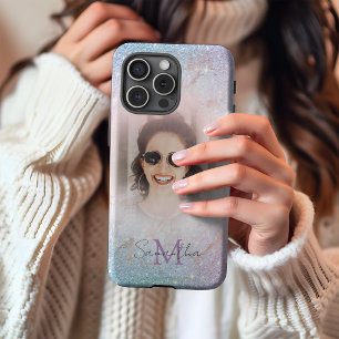 Chic Pastel Glitzer Monogram & Foto iPhone 16 Pro Max Hülle