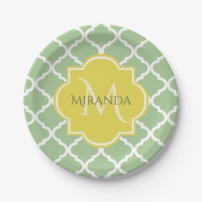 Chic Pastel Green Quatrefolie Gelbe Bezeichnung Mo Pappteller (Vorderseite)