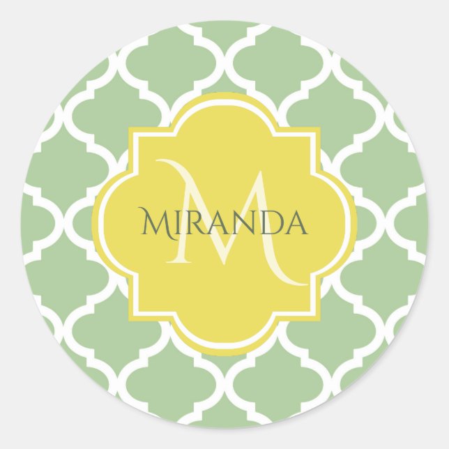 Chic Pastel Green Quatrefolie Gelbe Bezeichnung Mo Runder Aufkleber (Vorderseite)