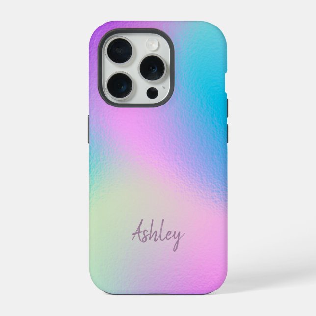 Chic Pastel Holographic Personalized Name iPhone 15 Pro Hülle (Rückseite)