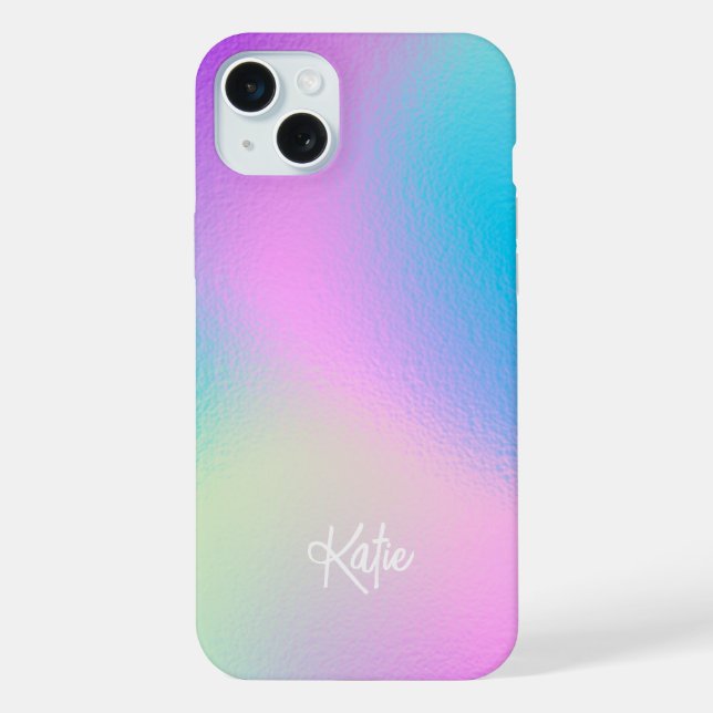 Chic Pastel Holographic with Name iPhone 15 Plus Hülle (Rückseite)