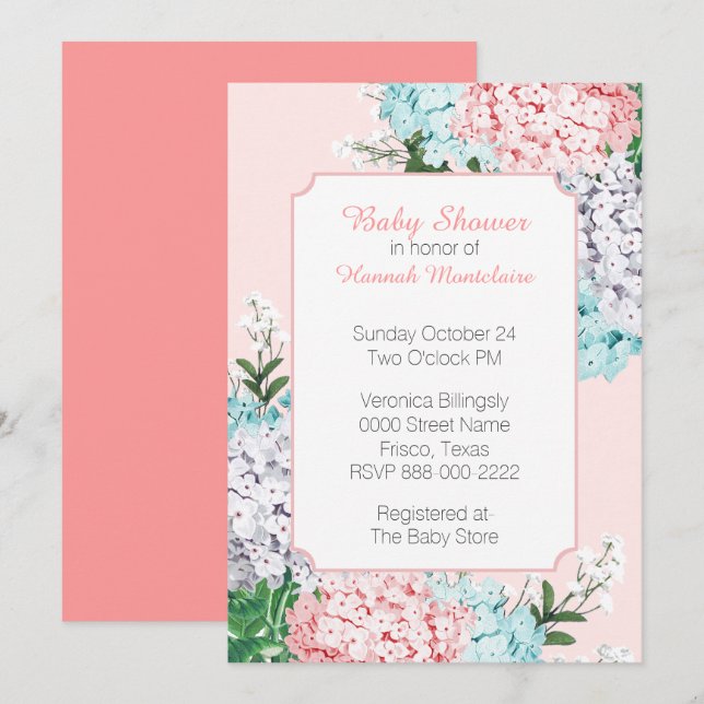 Chic Pastel Hydrangeas Baby shower rose Invitation (Devant / Derrière)