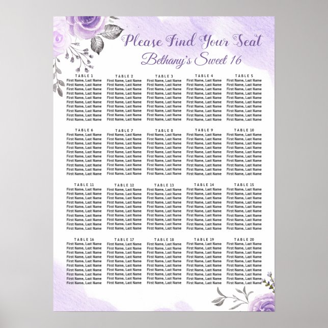Chic Pastel Lila floral Sweet 16 Seating Chart Poster (Vorne)