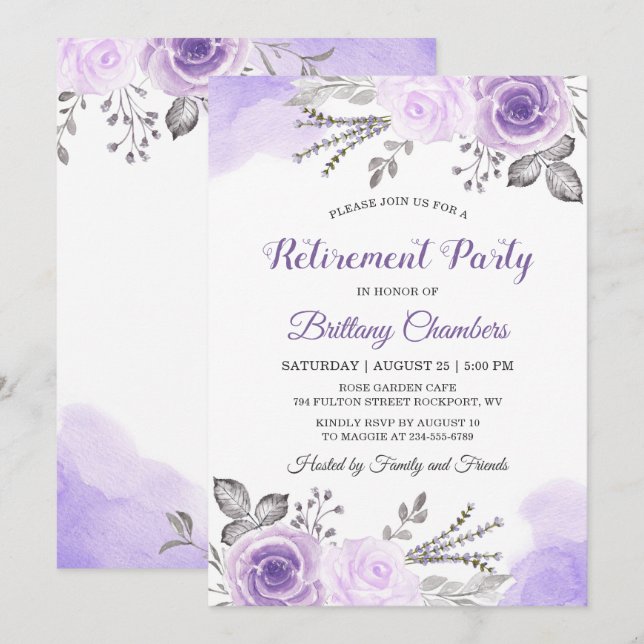 Chic Pastel Lila Rose Garden Retirement Party Einladung (Vorne/Hinten)
