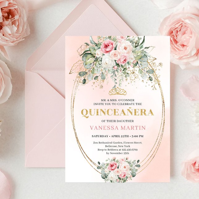 Chic Pastel Pink Boho Floral Quinceañera Invites Einladung (Chic Pastel Pink Boho Floral Quinceañera Invitation)