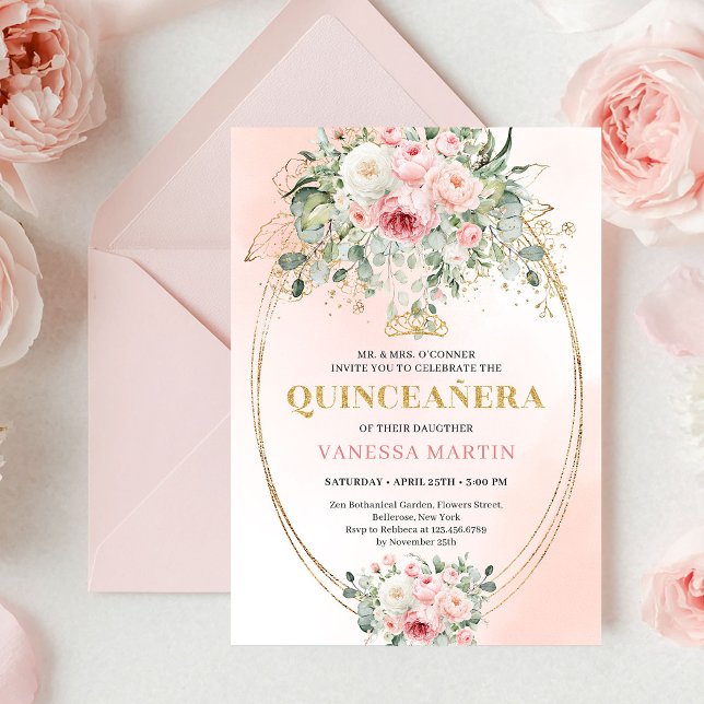 Chic Pastel Pink Eucalyptus Quinceañera Invite Einladung (Chic Pastel Pink Eucalyptus Quinceañera Invite

)