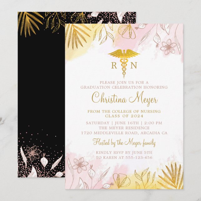 Chic Pastel Pink Gold Floral RN Pflege Abschluss Einladung (Vorne/Hinten)