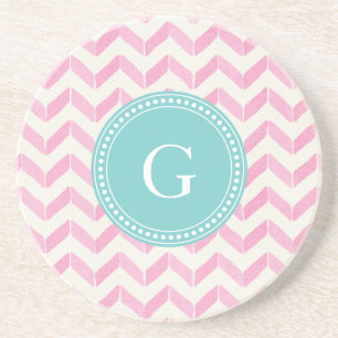 Chic Pastel Pink & Minze Zickzack Monogramm Sandstein Untersetzer
