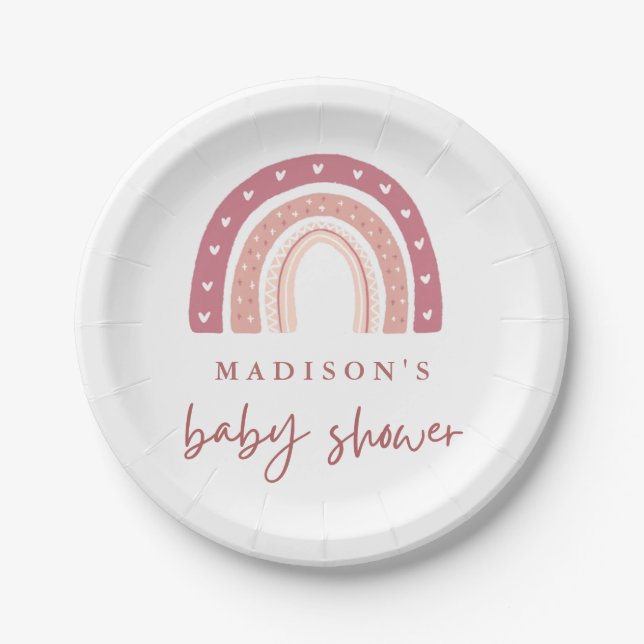 Chic Pastel Pink Rainbow Calligraphy Baby Shower Pappteller (Vorderseite)