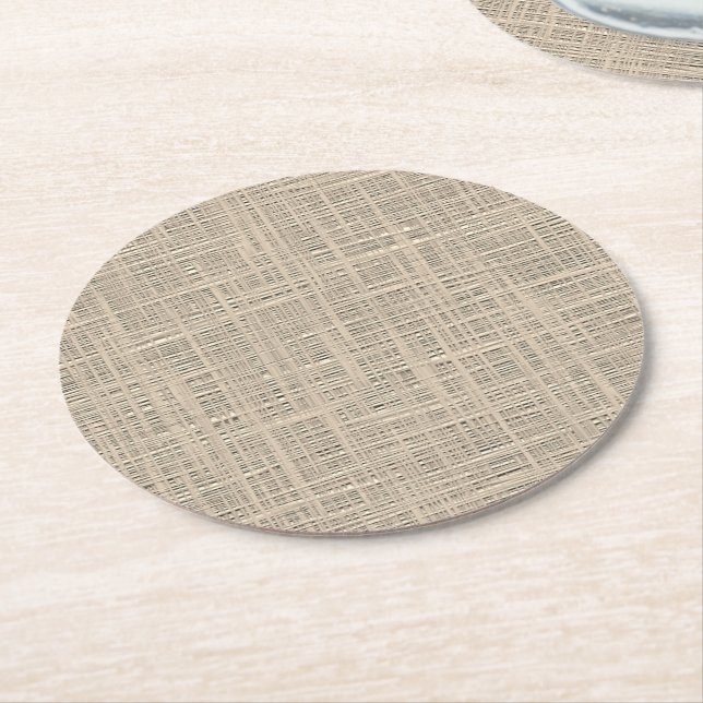 Chic Pastel Taupe Imitate Jute Fabric Muster Runder Pappuntersetzer (Angewinkelt)